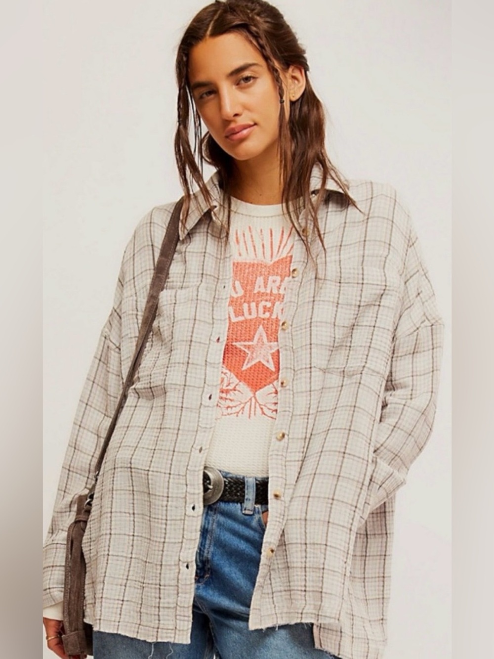 Free People We The Free Cardiff Plaid Tunic Shirt Top Gauzy Size Medium - Picture 3 of 7